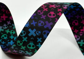 1.5" Printed Webbing - Skulls and Cross Ombre (5 yard cut)