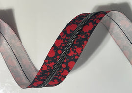 #5 Zipper Tape - 3 yard cut - Red Splatter w/ Gunmetal Teeth