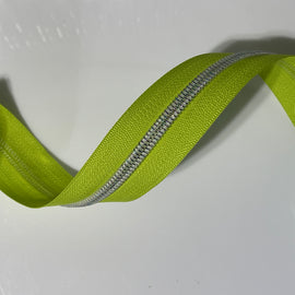 #5 Zipper Tape - 3 yard cut - Lime Green w/ White Iridescent Teeth