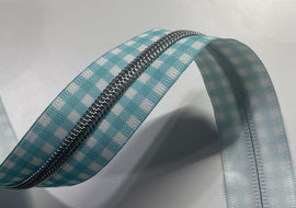 #5 Zipper Tape - 3 yard cut - Sky Blue Plaid w/ Nickel Teeth