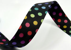 1.5" Printed Webbing - Rainbow Polka Dots on Black (5 yard cut)