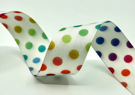 1.5" Printed Webbing - Rainbow Polka Dots on White (5 yard cut)