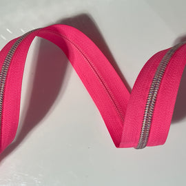 #5 Zipper Tape - 3 yard cut - Neon Pink w/ White Iridescent Teeth