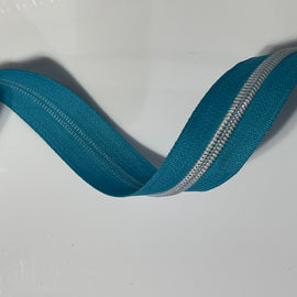 #5 Zipper Tape - 3 yard cut - Turquoise w/ White Iridescent Teeth