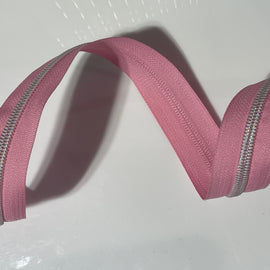 #5 Zipper Tape - 3 yard cut - Light Pink w/ White Iridescent Teeth