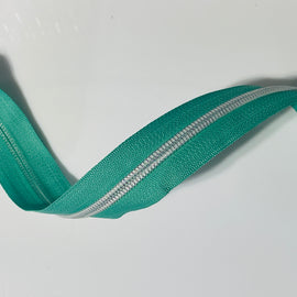 #5 Zipper Tape - 3 yard cut - Seafoam Green w/ White Iridescent Teeth