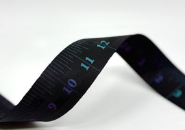 1.5" Printed Webbing - Purple and Teal Ruler on Black (5 yard cut)