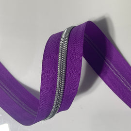 #5 Zipper Tape - 3 yard cut - Bright Purple w/ Nickel Teeth