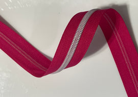 #5 Zipper Tape - 3 yard cut - Raspberry w/ White Iridescent Teeth