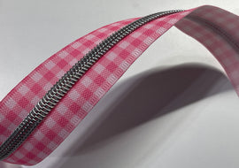 #5 Zipper Tape - 3 yard cut - Hot Pink Plaid w/ Nickel Teeth